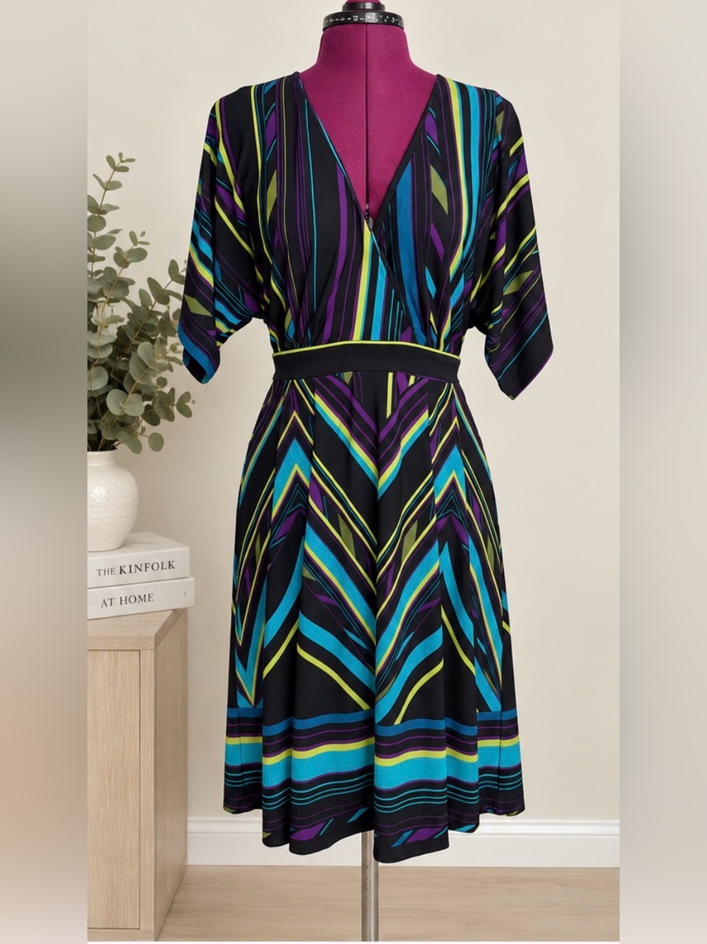 Roulette Black Multi-Color Striped V-Neck Fit & Flare Dress